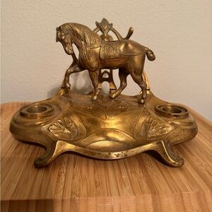 Art nouveau bronze figural horse double inkwell calligraphy artist ink pen tray